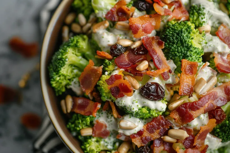 Bacon and broccoli salad with sunflower seeds and cranberries