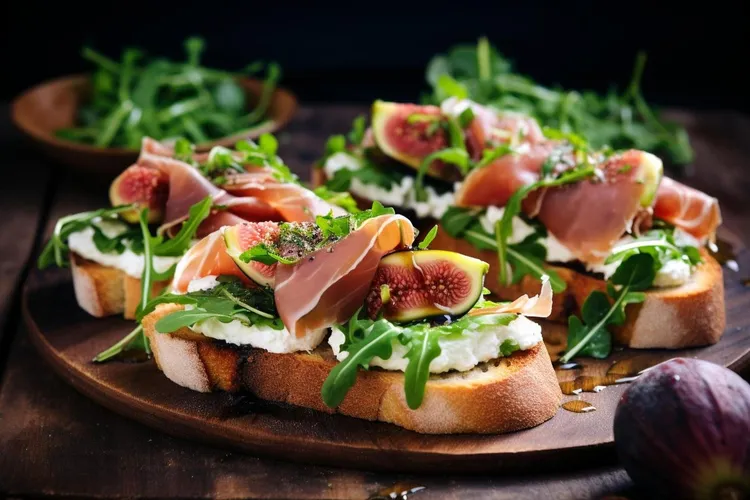 Bacon, fig and arugula toast with mozzarella cheese
