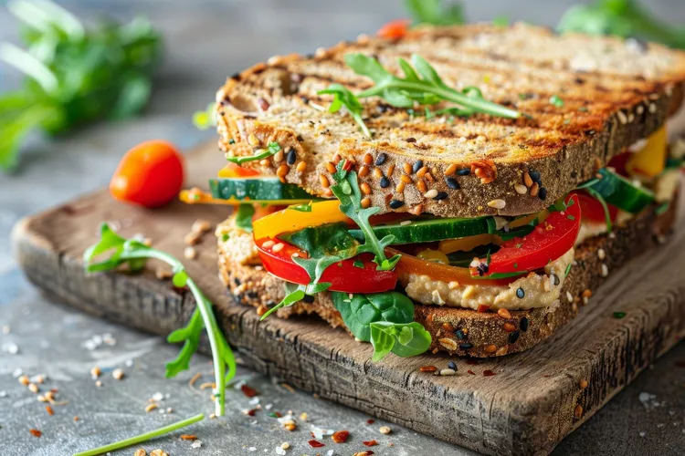 Chickpea hummus sandwiches with celery, pickles and peppers