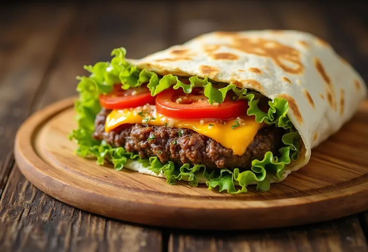Grilled cheese turkey burger wraps with tomatoes and lettuce