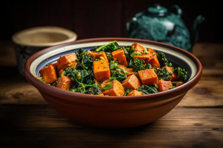 Mustard-crusted tofu with kale and sweet potato