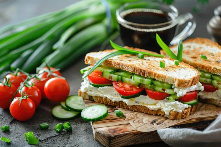 Cucumber and tomato sandwich with mayonnaise salad dressing