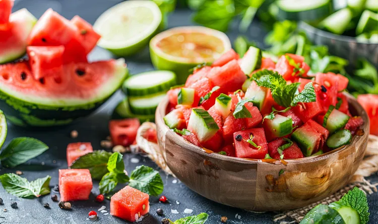 Cucumber watermelon salad with salt, sugar and vinegar