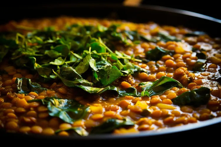 Curried lentils with kale and asparagus