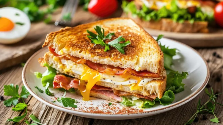 Fried egg and bacon sandwich with cheddar and pepper sauce