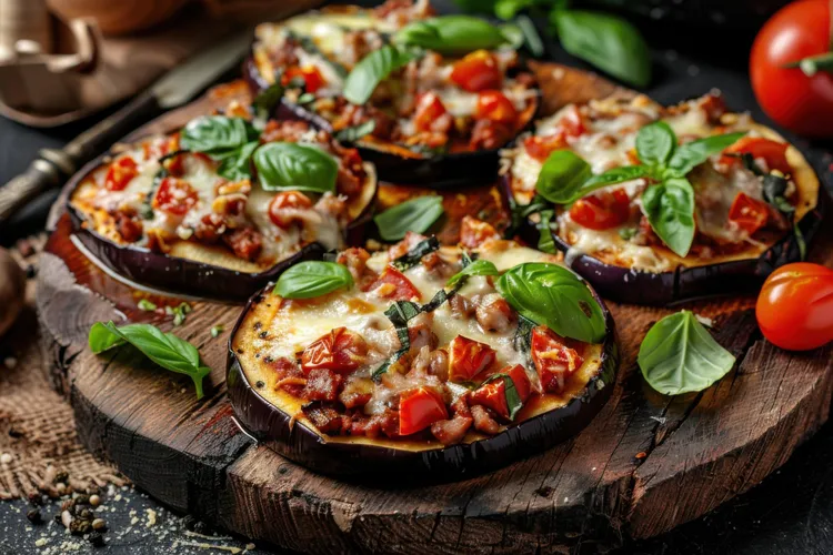 Eggplant pizza with tomato, garlic and pepperoni