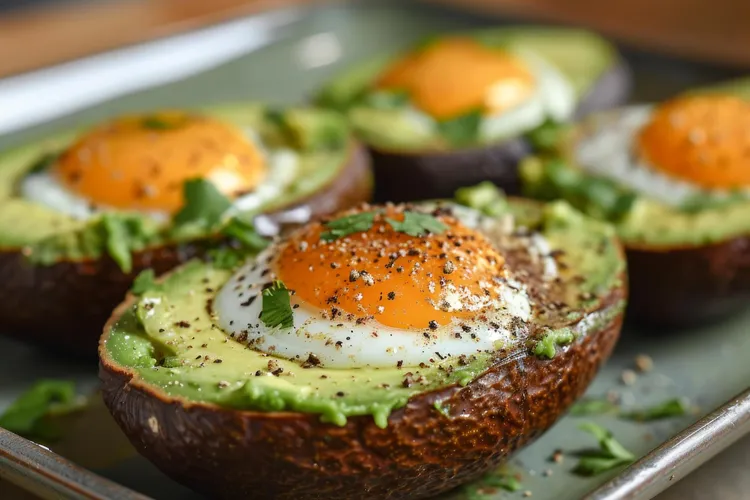 Baked eggs in avocado with lime, coriander, onion and spices