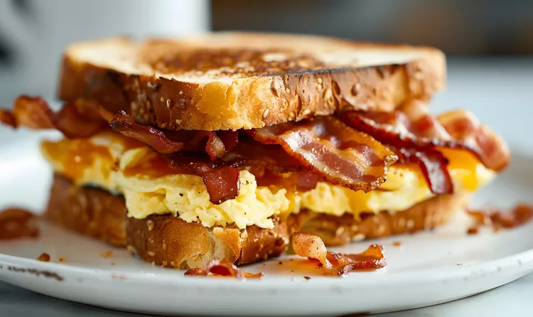 French-style egg and bacon sandwich with maple syrup
