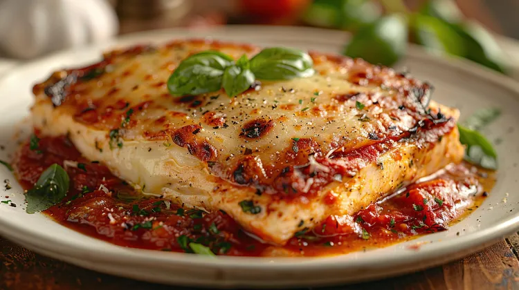 Bacon-wrapped cod with black olives and mozzarella
