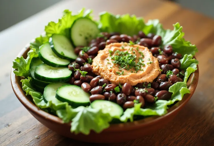 Fresh mediterranean salad with hummus and oregano