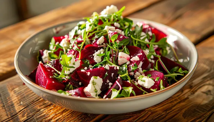 Fresh summer herb beet salad with arugula, celery and pickles