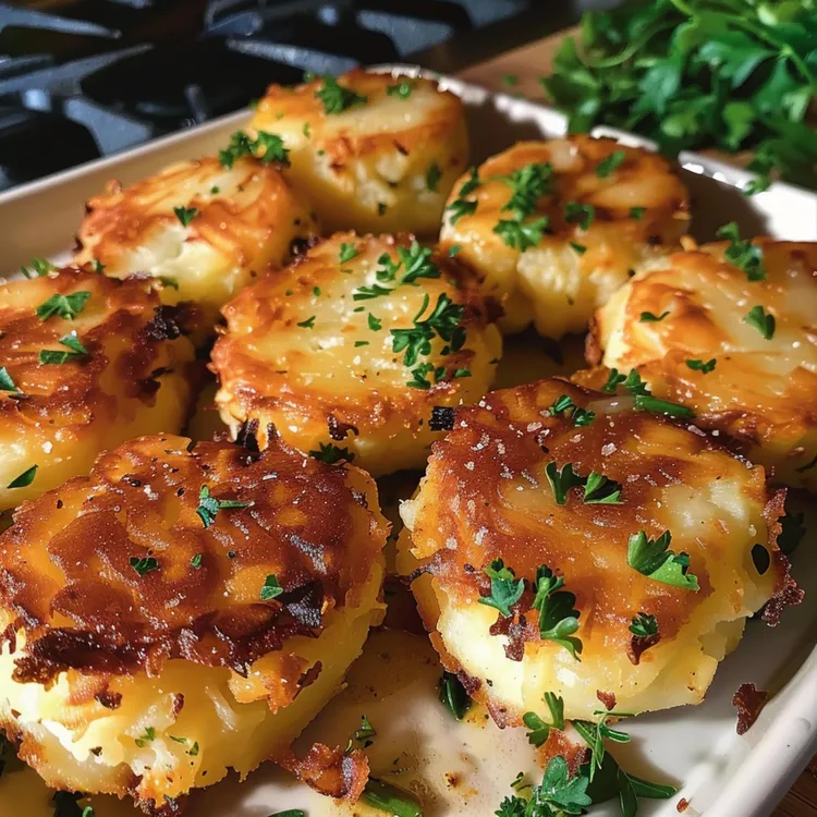 Fried smashed potatoes with garlic and lemon