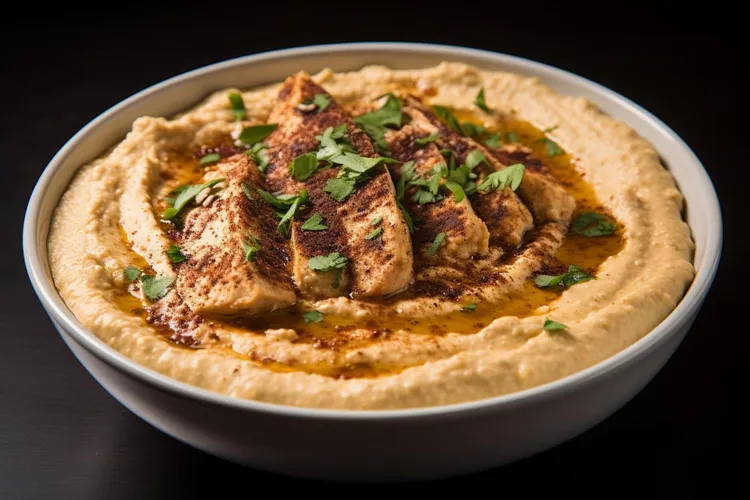 Garlic-infused chicken with creamy hummus