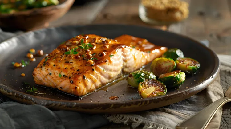 Garlic-herb roasted salmon with brussels sprouts and white wine