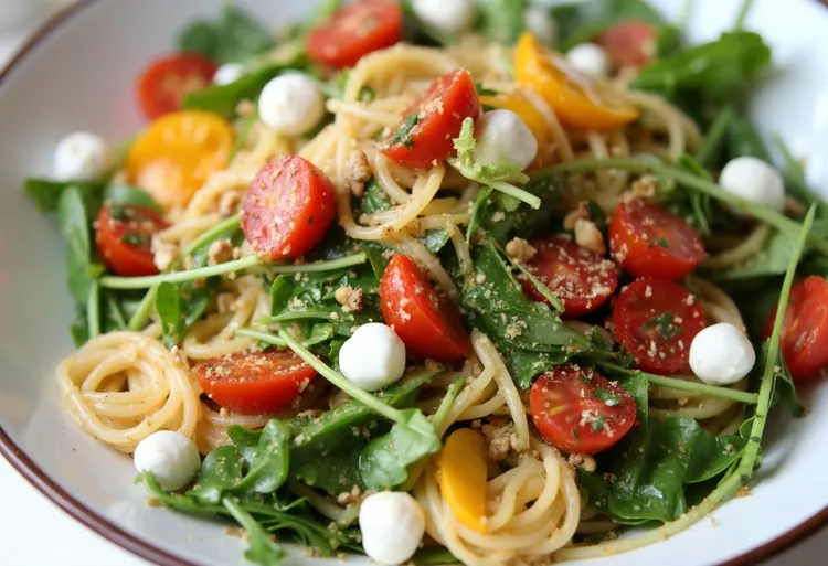 Gluten-free pasta with smashed tomatoes, peaches and mozzarella