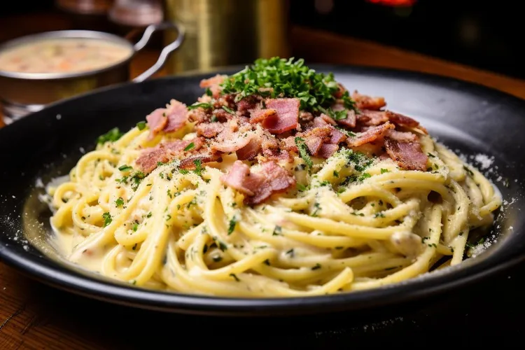 Gluten-free bacon carbonara and parmesan cheese