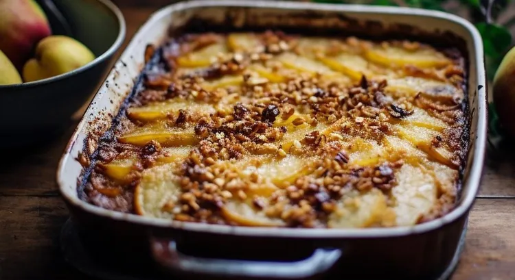 Warm pear and cottage cheese crisp with walnuts