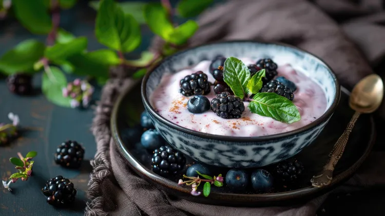 Fruity greek yogurt parfait with blackberries and blueberries