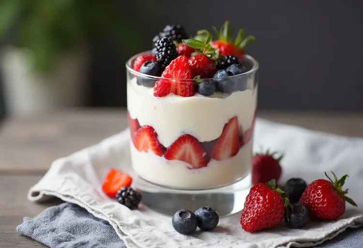 Honey-sweetened greek yogurt parfait with mixed berries