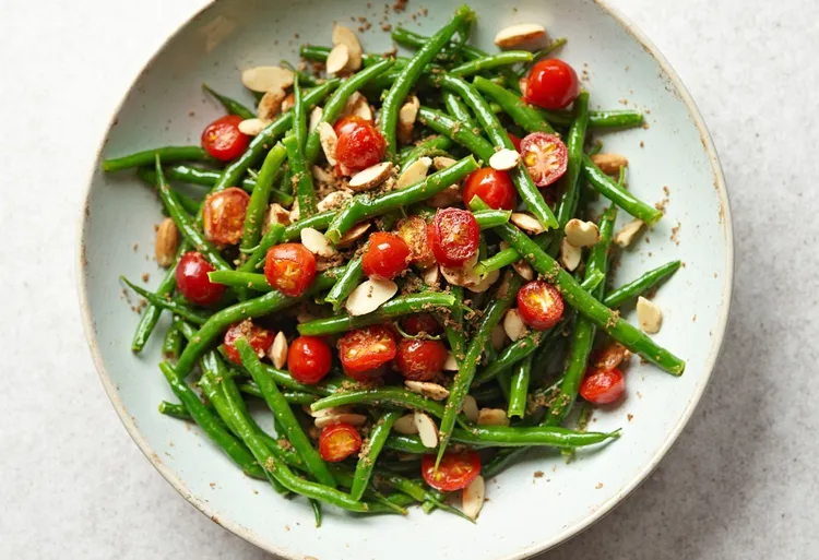 Green bean, roast tomato and almond salad