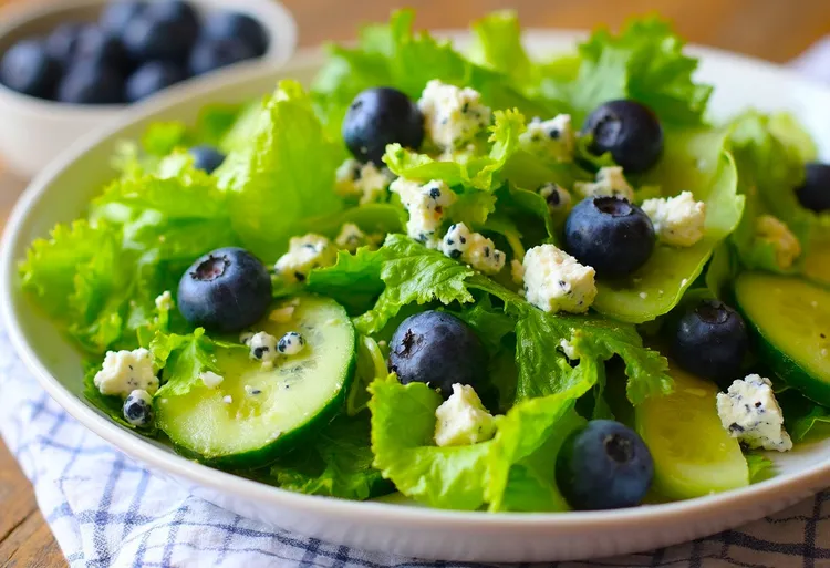 Fresh and fruity green salad with blue cheese and feta