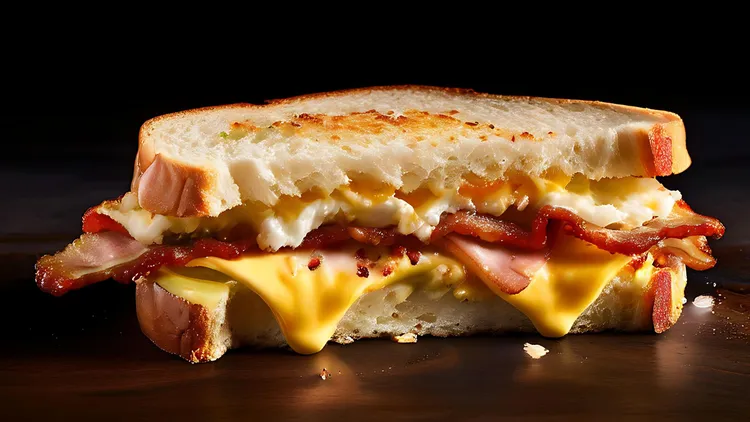 Bacon and egg grilled cheese sandwiches with basil and parmesan
