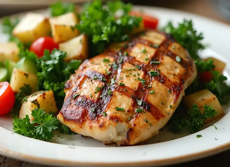 Grilled chicken with roasted kale and potato salad