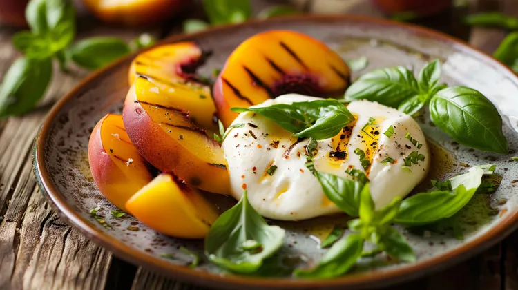 Grilled peach caprese salad with balsamic vinegar