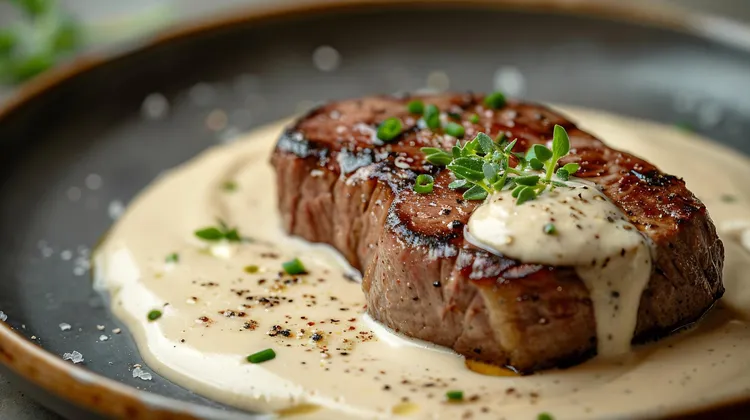 Grilled steak with horseradish cream and caramelized onions