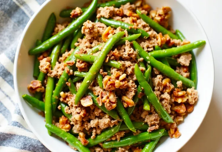 Ground turkey, bean and walnut stir-fry