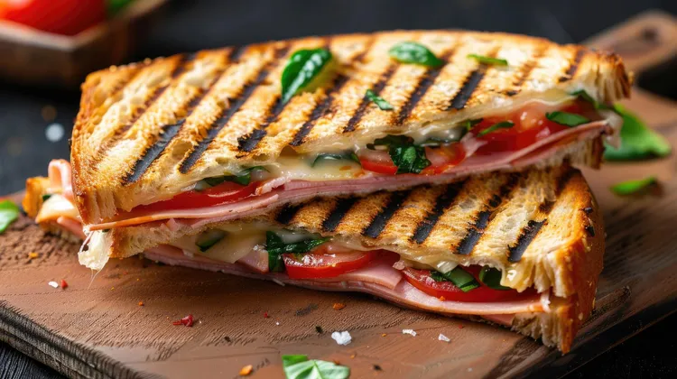 Ham, cheese, spinach and hummus grilled sandwich