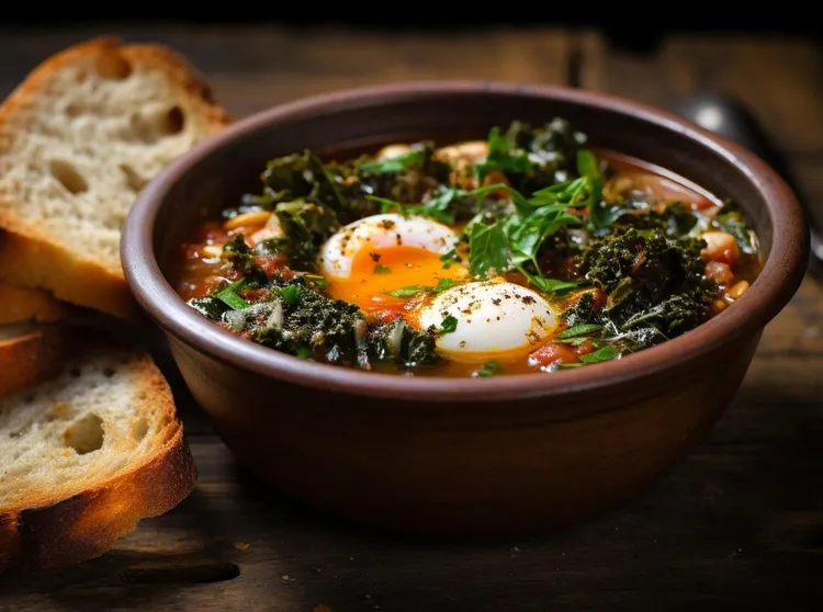 Bean, egg and kale soup with multi-grain toast and swiss cheese