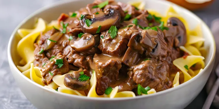 Beef and mushroom stroganoff with egg noodles