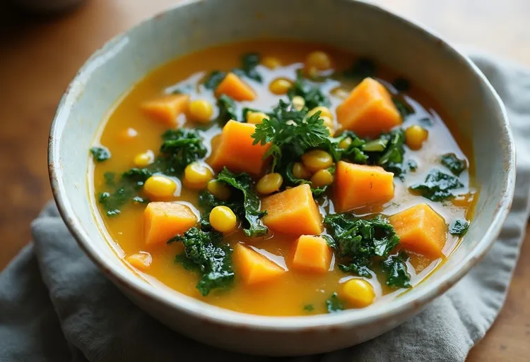 Sweet potato, kale and corn chowder