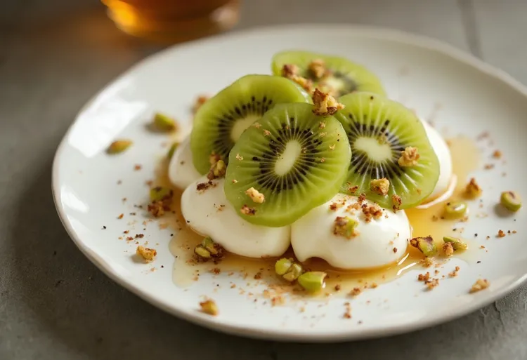 Honeyed kiwi ricotta stacks with pistachios