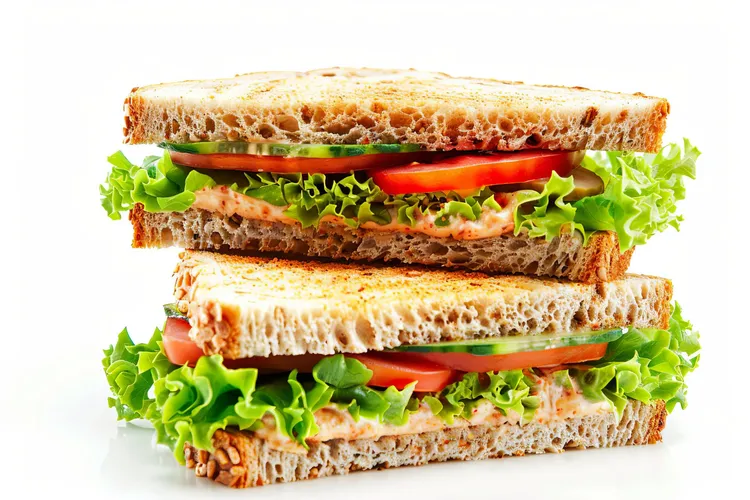 Veggie hummus sandwich with tomato, cucumber and lettuce