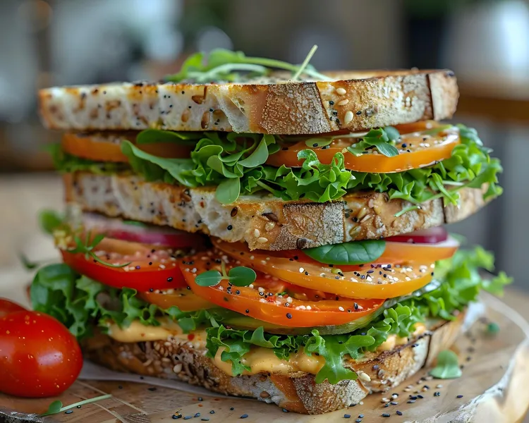 Rye hummus sandwich with pickle, tomato and lettuce