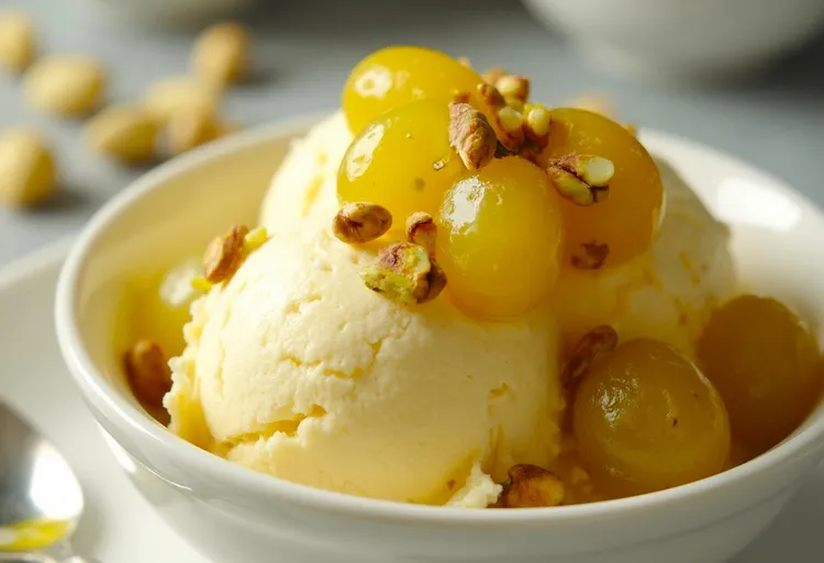 Ice cream with roasted grapes and walnut oil