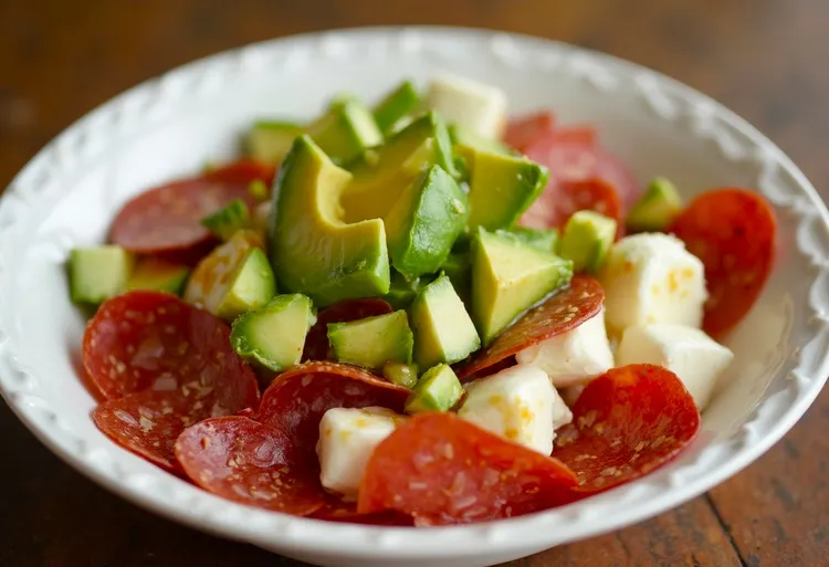 Keto avocado pepperoni salad with mozzarella and seasonings
