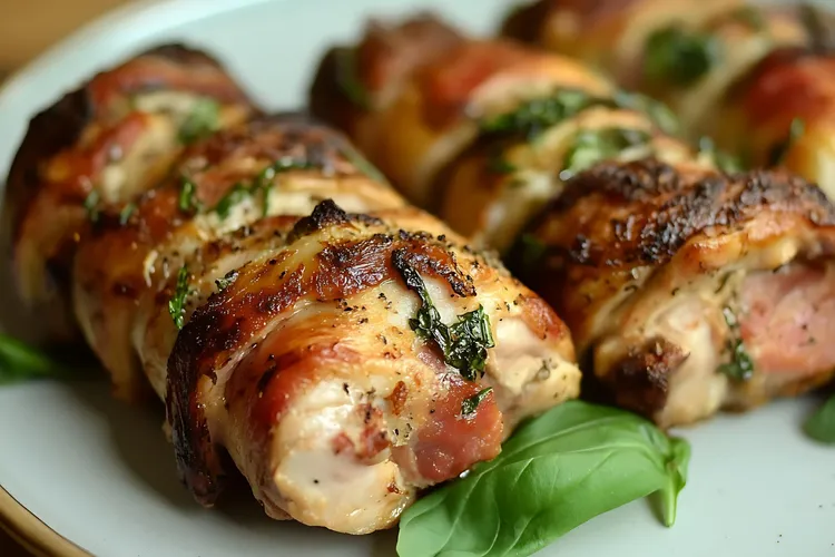 Keto bacon-wrapped chicken with blue cheese and ham