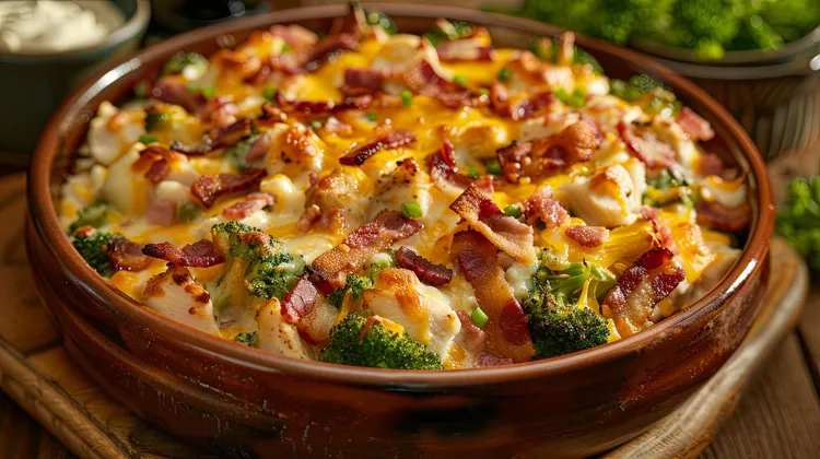 Keto chicken bacon broccoli stew with cheddar cheese and cream