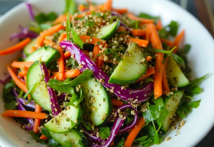Leafy green and vegetable salad with lemon-tahini dressing
