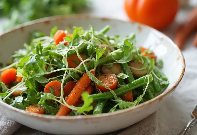 Lemon beans with baby carrots & wilted rocket