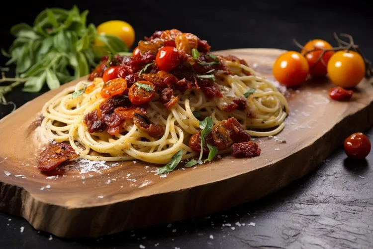 Linguine with pancetta and sauteed cherry tomatoes