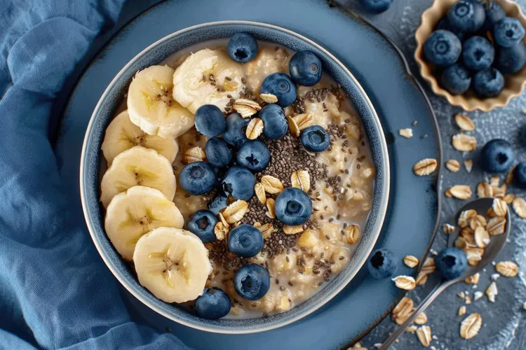 Maple berry chia overnight oats with peanut butter and banana