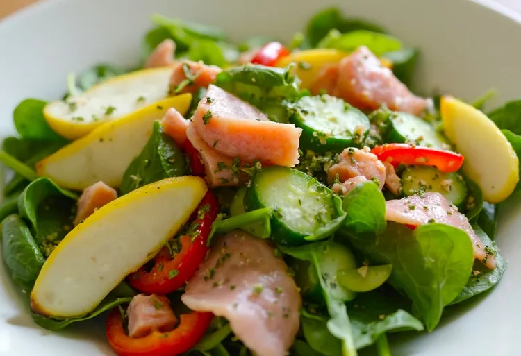 Maple-glazed pear, spinach and ham salad