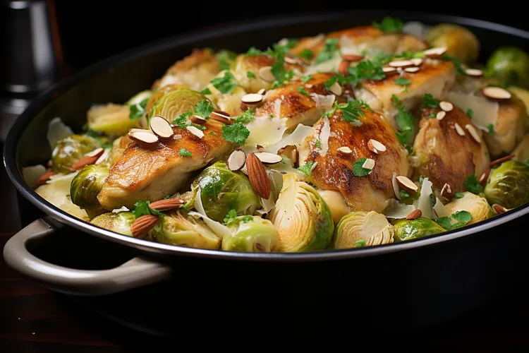 Microwaved parmesan lemon chicken and brussels sprouts