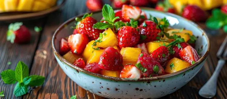Mango strawberry salad with orange juice and honey