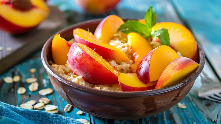 Warm oatmeal peach bowl with brown sugar