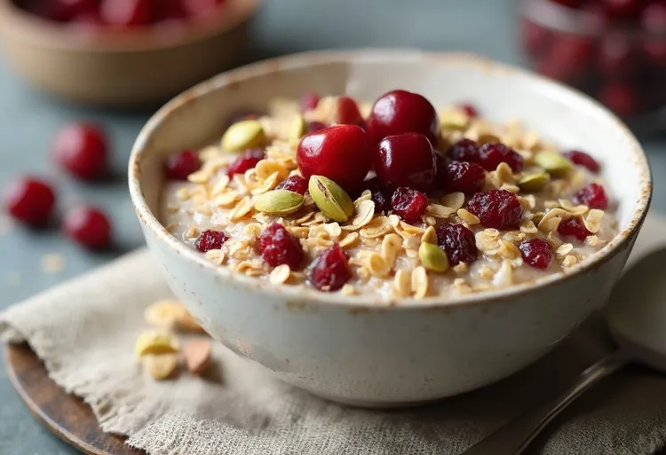 Oatmeal with diced fruit and pistachios